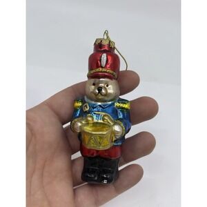 Vintage Drummer Bear  Glass Christmas Ornament Hat Glitter Read*